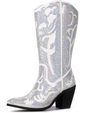 Women's White Silver Sequin Western Zipper Pointed Toe Fashion Cowgirl Boots